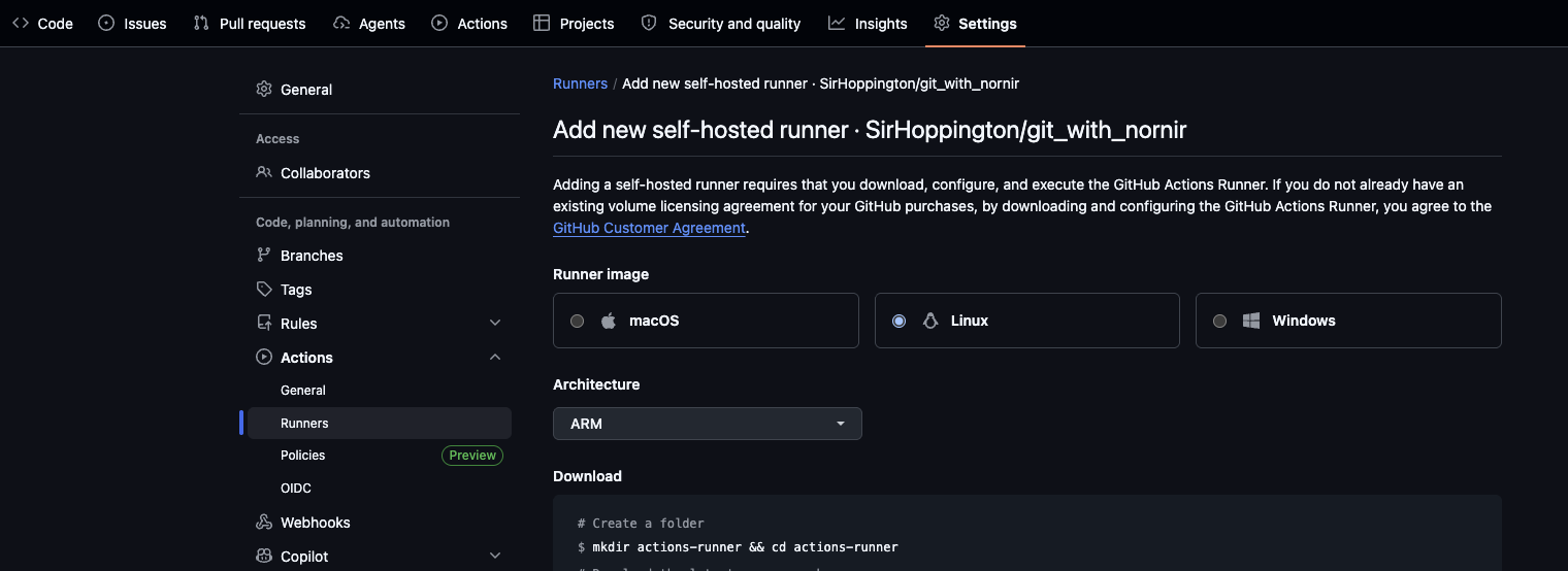 GitHub - Screenshot creating a Self Hosted Runner
